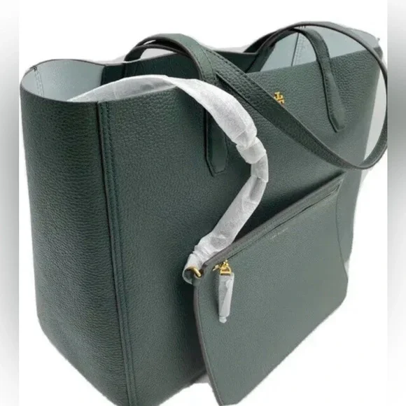 NWT TORY BURCH BLAKE TOTE IN JITNEY GREEN LEATHER SHOULDER BAG POUCH - Picture 2 of 9